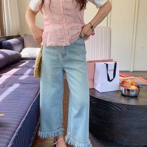 Frayed Denim Cropped Pants for Women – Plus Size Slimming Loose Wide Leg Summer 2025 Fashion