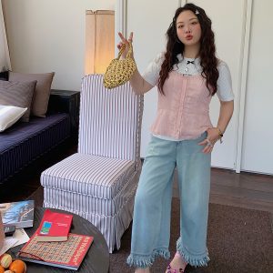 Frayed Denim Cropped Pants for Women – Plus Size Slimming Loose Wide Leg Summer 2025 Fashion