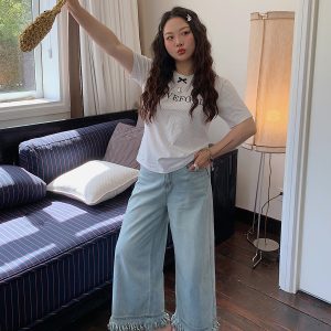 Frayed Denim Cropped Pants for Women – Plus Size Slimming Loose Wide Leg Summer 2025 Fashion