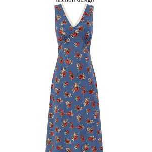 French Blue Floral V-Neck Long Dress for Women - Summer 2025 Vacation Style, Elegant and Chic Fashion for Every Occasion
