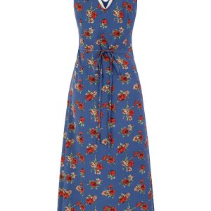 French Blue Floral V-Neck Long Dress for Women - Summer 2025 Vacation Style, Elegant and Chic Fashion for Every Occasion