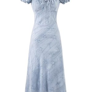 French Blue Jacquard Puff Sleeve Dress for Women - 2025 Summer Asymmetrical Long Skirt, Resort Style, Elegant Fashion