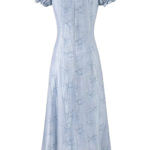 French Blue Jacquard Puff Sleeve Dress for Women - 2025 Summer Asymmetrical Long Skirt, Resort Style, Elegant Fashion