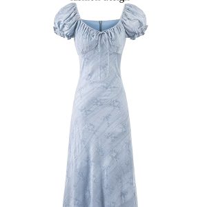 French Blue Jacquard Puff Sleeve Dress for Women - 2025 Summer Asymmetrical Long Skirt, Resort Style, Elegant Fashion