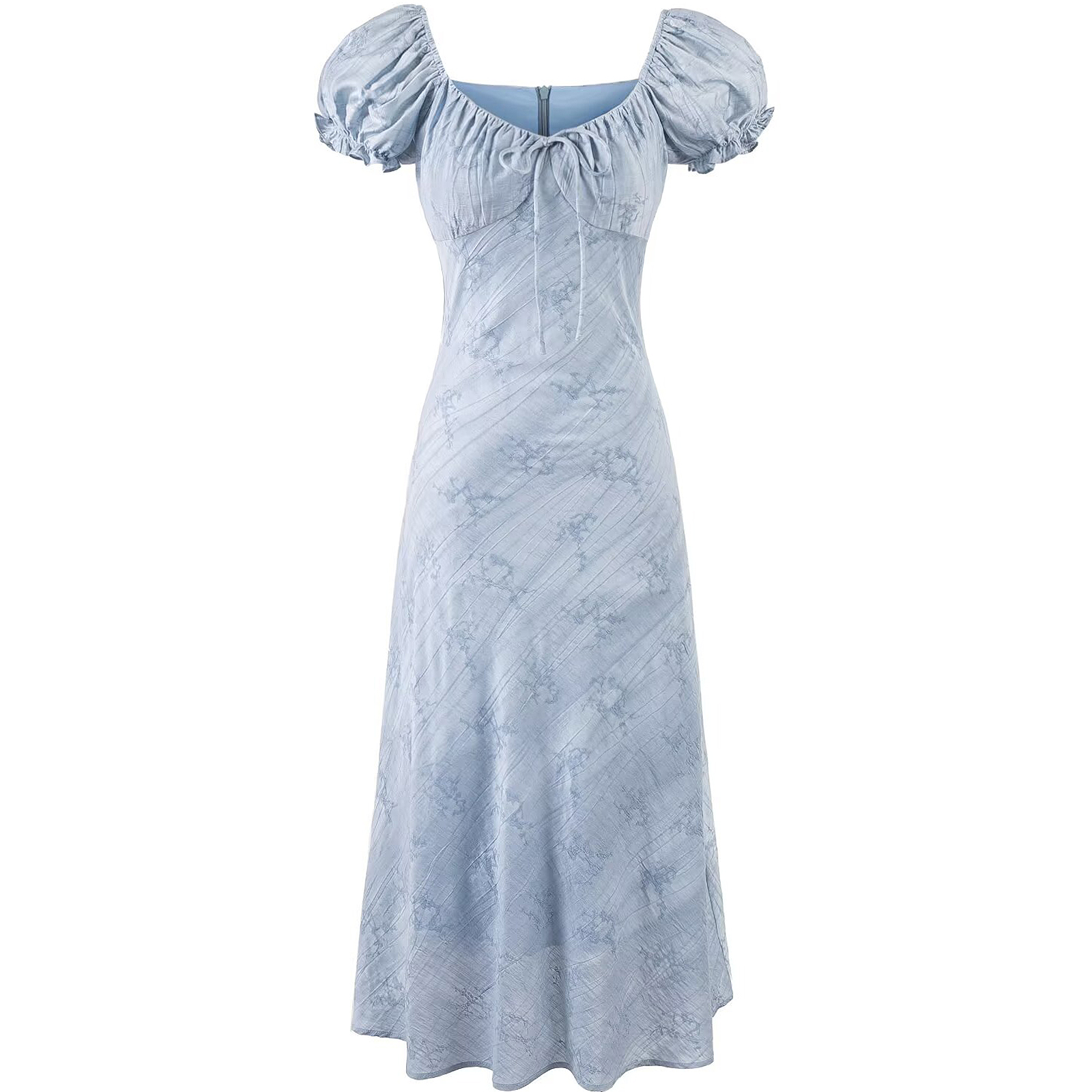 French Blue Jacquard Puff Sleeve Dress for Women - 2025 Summer Asymmetrical Long Skirt, Resort Style, Elegant Fashion