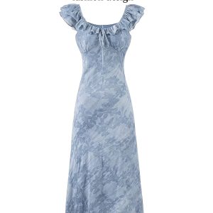 French Blue Ombre Jacquard Ruffled Sleeve Dress for Women - 2025 Summer Vacation Style