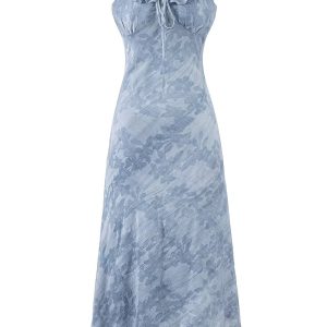 French Blue Ombre Jacquard Ruffled Sleeve Dress for Women - 2025 Summer Vacation Style