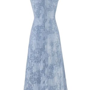 French Blue Ombre Jacquard Ruffled Sleeve Dress for Women - 2025 Summer Vacation Style