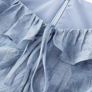 French Blue Ombre Jacquard Ruffled Sleeve Dress for Women - 2025 Summer Vacation Style