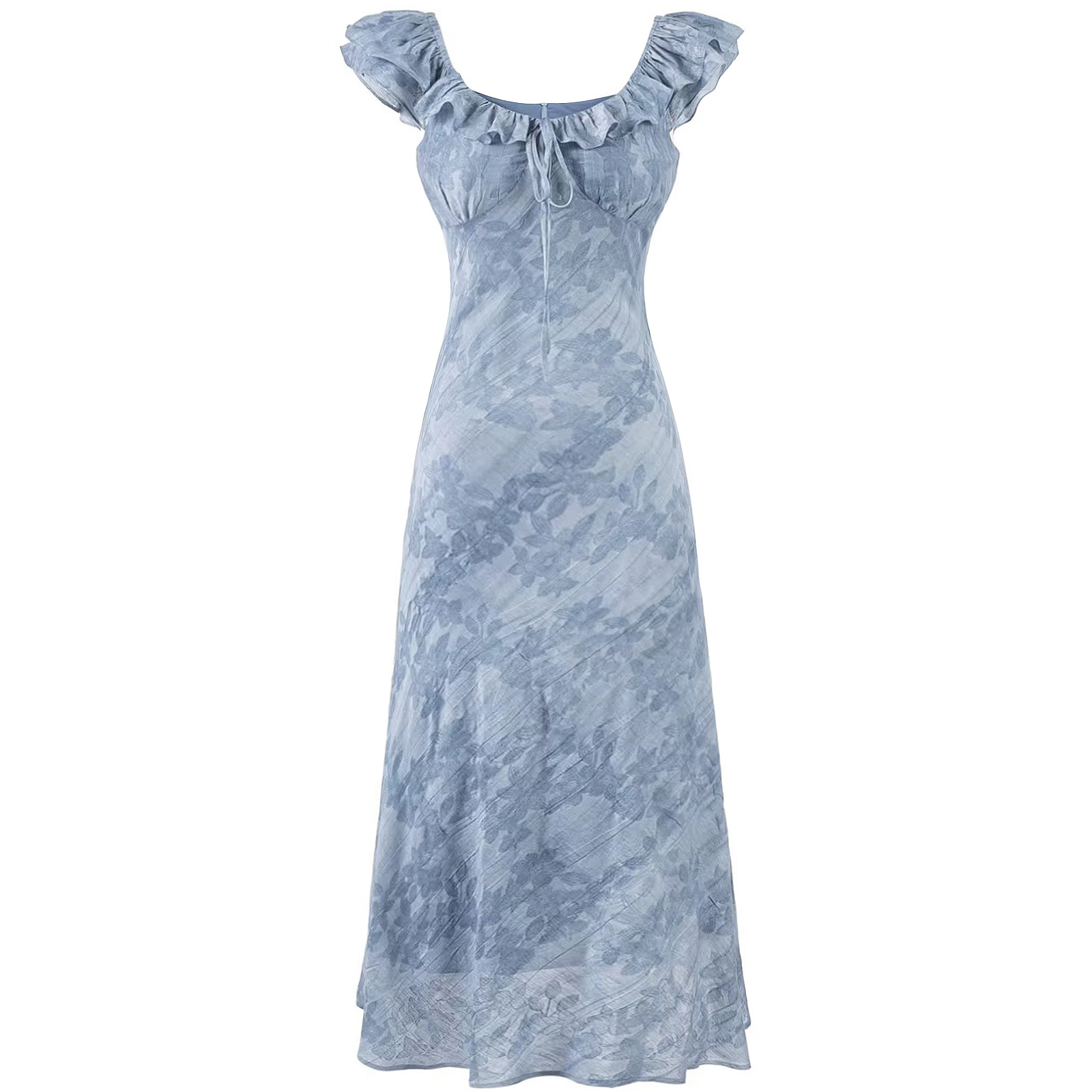 French Blue Ombre Jacquard Ruffled Sleeve Dress for Women - 2025 Summer Vacation Style