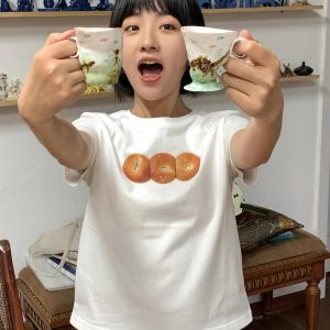 French Bread Print Shoulder-Baring Short Sleeve Top - Slim Fit Pure Cotton Fashion Tee for 25SS, Trendy Casual Wear