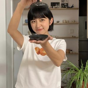 French Bread Print Shoulder-Baring Short Sleeve Top - Slim Fit Pure Cotton Fashion Tee for 25SS, Trendy Casual Wear