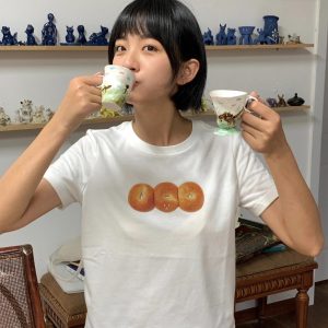 French Bread Print Shoulder-Baring Short Sleeve Top - Slim Fit Pure Cotton Fashion Tee for 25SS, Trendy Casual Wear