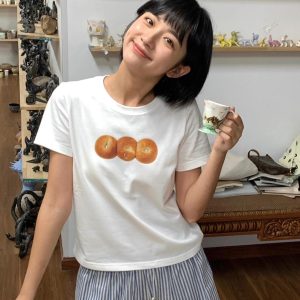 French Bread Print Shoulder-Baring Short Sleeve Top - Slim Fit Pure Cotton Fashion Tee for 25SS, Trendy Casual Wear