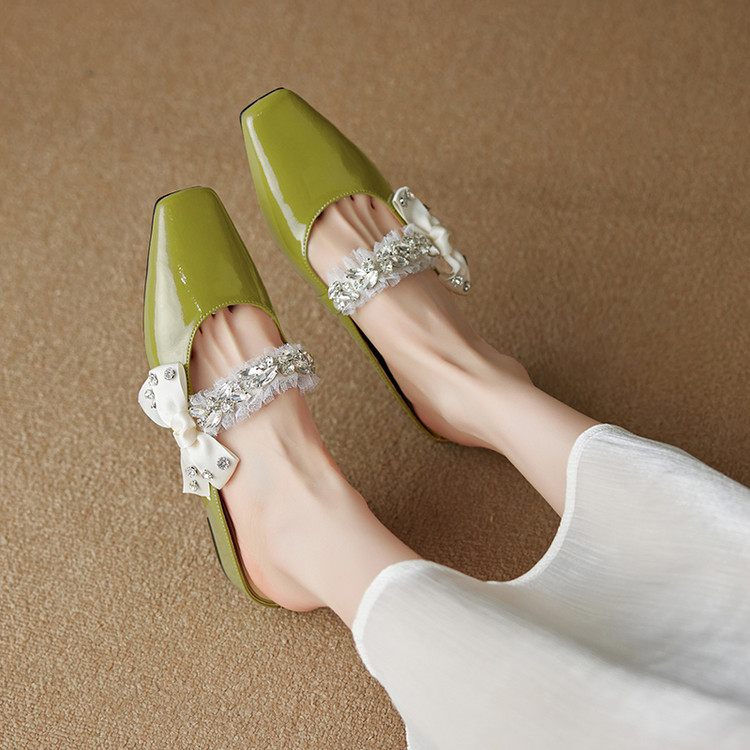 French Fashion Fairy Style Bow Sandals for Women - Versatile Closed-Toe Rhinestone Half-Slippers