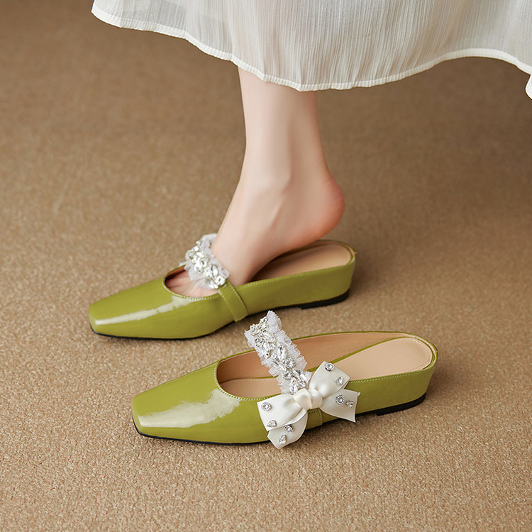 French Fashion Fairy Style Bow Sandals for Women - Versatile Closed-Toe Rhinestone Half-Slippers