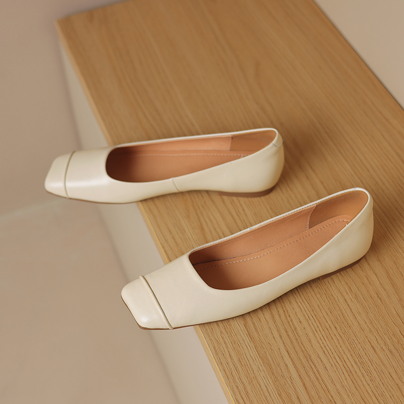 French Genuine Leather Soft Bottom Square Toe Flat Shoes for Women – Maternity Ballet Flats for Summer, Comfortable and Stylish
