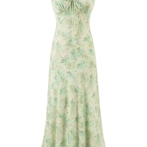 French Green Gradient V-Neck Dress for Women - Summer 2025 Long Vacation Style Dress, Trendy and Stylish