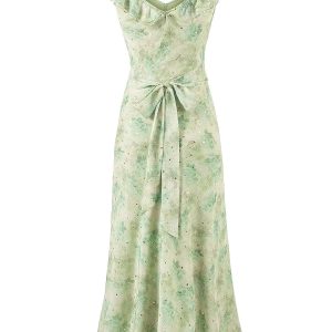 French Green Gradient V-Neck Dress for Women - Summer 2025 Long Vacation Style Dress, Trendy and Stylish