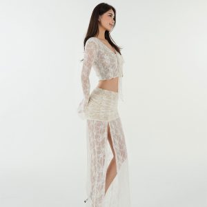 French Lace Jacquard Tie Cardigan and High-Slit Skirt Set - Chic 90s Inspired Women's Fashion Ensemble