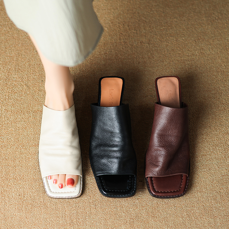 French Minimalist Genuine Leather Half-Mule Mid-Heel Open-Toe Sandals - Italian Style Summer Footwear