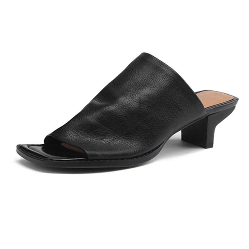 French Minimalist Genuine Leather Half-Mule Mid-Heel Open-Toe Sandals - Italian Style Summer Footwear
