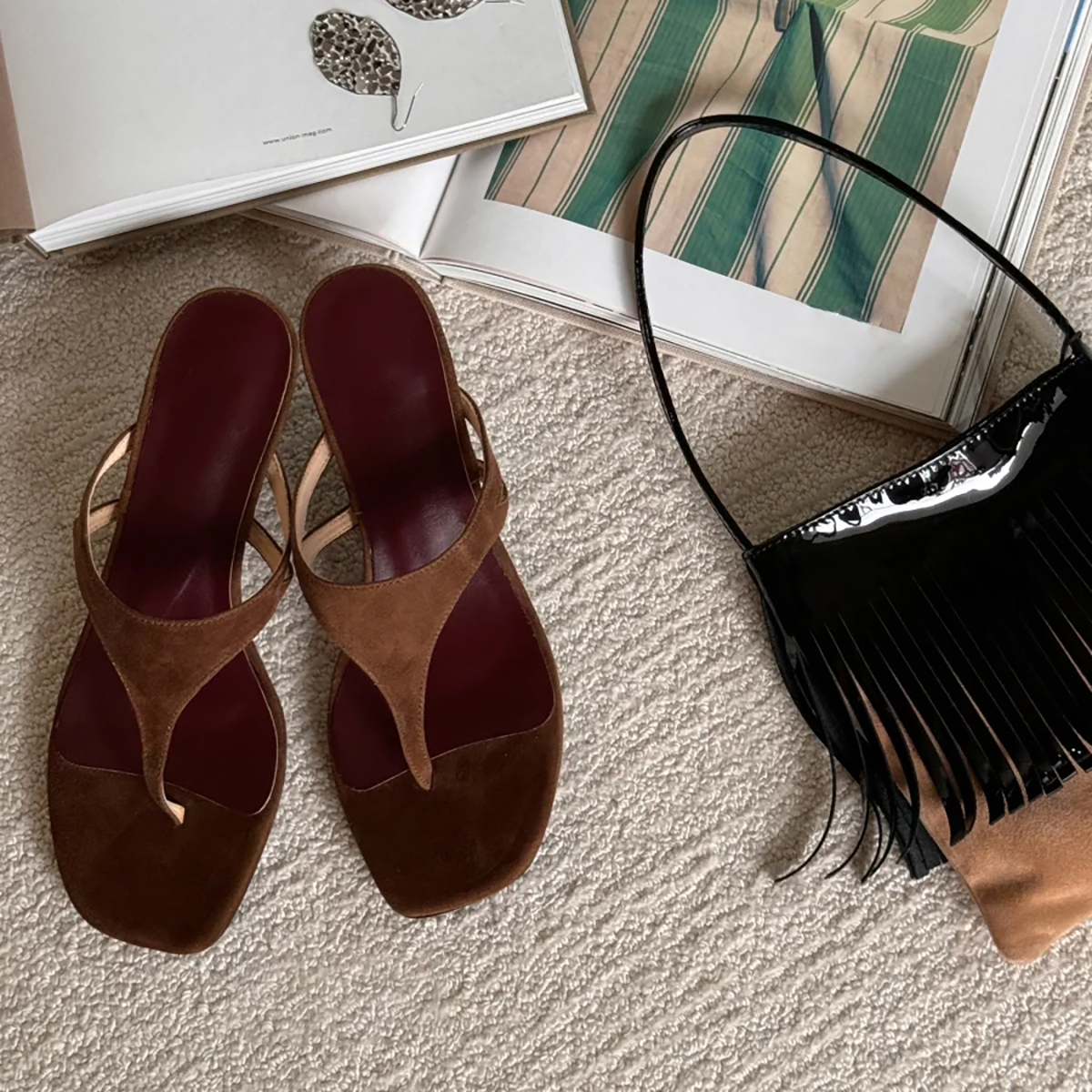 French Minimalist Sheepskin Thong Sandals for Women - Thin Heels, Versatile One-Strap Slide Flip-Flops