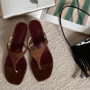 French Minimalist Sheepskin Thong Sandals for Women - Thin Heels, Versatile One-Strap Slide Flip-Flops