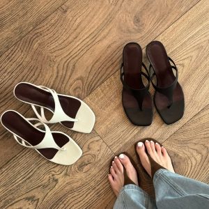 French Minimalist Sheepskin Thong Sandals for Women - Thin Heels, Versatile One-Strap Slide Flip-Flops