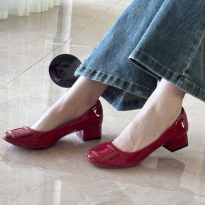 French Nude Pink Sheepskin High Heels with Square Buckle, Round Toe, Chunky Commuting Style, Versatile Shallow Mouth Footwear