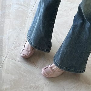 French Nude Pink Sheepskin High Heels with Square Buckle, Round Toe, Chunky Commuting Style, Versatile Shallow Mouth Footwear