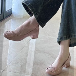 French Nude Pink Sheepskin High Heels with Square Buckle, Round Toe, Chunky Commuting Style, Versatile Shallow Mouth Footwear
