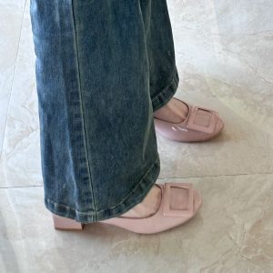 French Nude Pink Sheepskin High Heels with Square Buckle, Round Toe, Chunky Commuting Style, Versatile Shallow Mouth Footwear