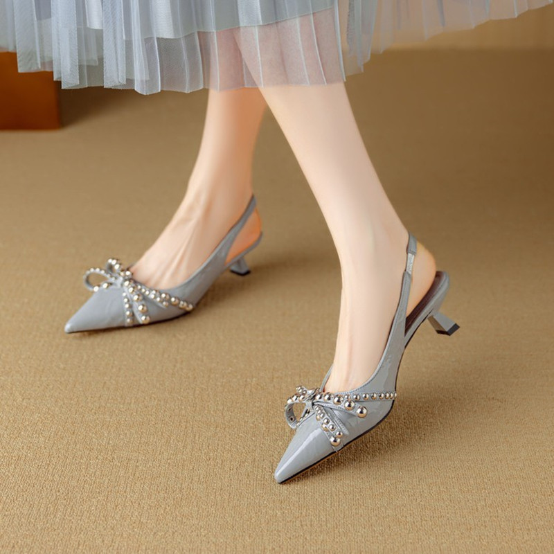 French Pointed Toe Bow Tie Open Toe Sandals for Women - Summer Style with Thin Heel and Shallow Mouth Flats