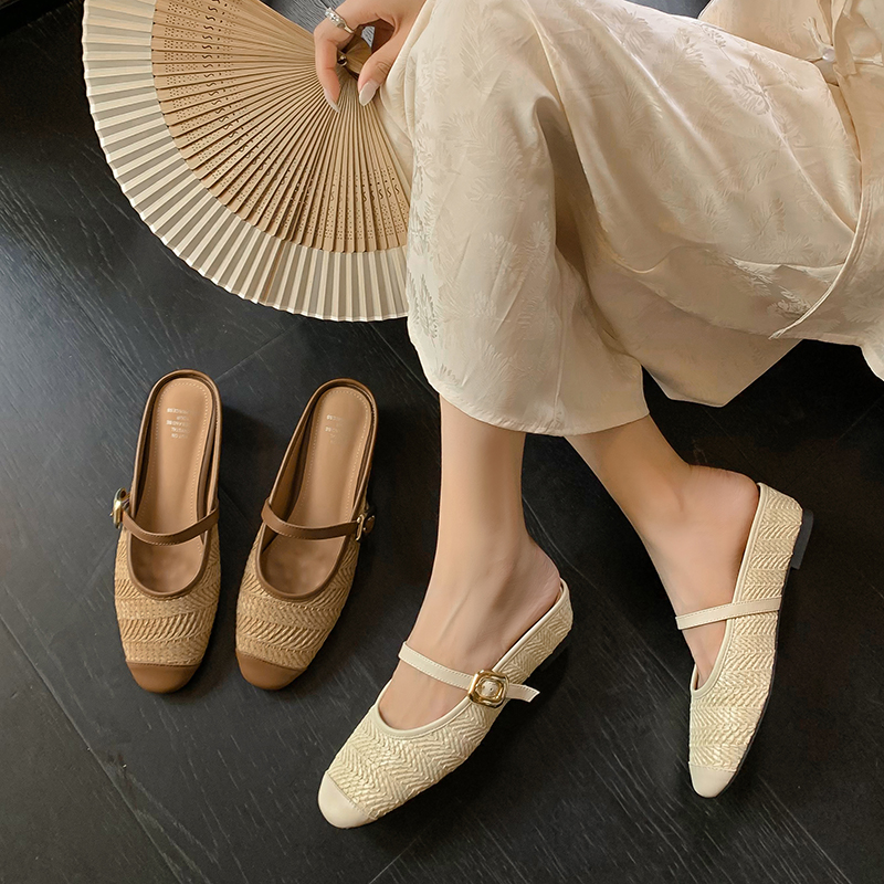 French Retro Roman Straw Woven Open-Toe Half Slippers for Women - Wedge Lazy Slip-On Shoes in Vintage Style