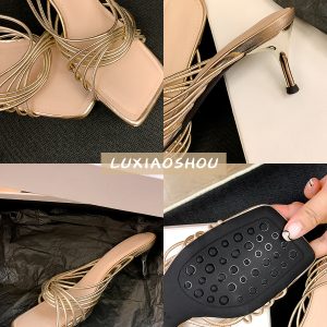 French Square-Toe Sheepskin Cross Strap High-Heeled Sandals for Women - Elegant Open-Toe Roman Style for Outdoor Wear