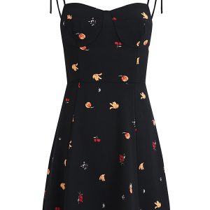 French Style Black Floral Spaghetti Strap Dress - Women's Summer Vacation Dress - Trendy Short Design for Effortless Elegance