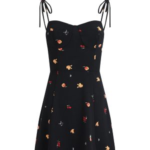 French Style Black Floral Spaghetti Strap Dress - Women's Summer Vacation Dress - Trendy Short Design for Effortless Elegance