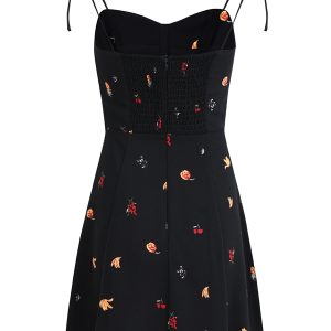 French Style Black Floral Spaghetti Strap Dress - Women's Summer Vacation Dress - Trendy Short Design for Effortless Elegance