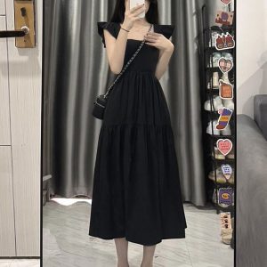 French-Style Black Square Neck Sleeveless Dress with Small Flying Sleeves for Women - 2025 Summer Petite Slim Mid-Length Fashion.
