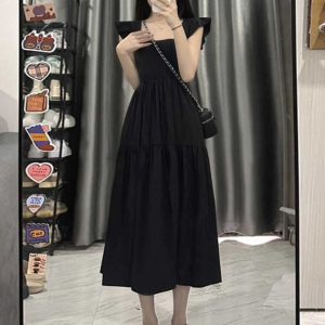 French-Style Black Square Neck Sleeveless Dress with Small Flying Sleeves for Women - 2025 Summer Petite Slim Mid-Length Fashion.