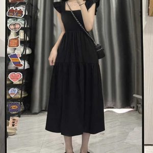 French-Style Black Square Neck Sleeveless Dress with Small Flying Sleeves for Women - 2025 Summer Petite Slim Mid-Length Fashion.