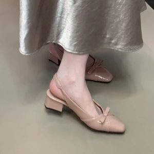 French Style Bow Tie Chunky Heel Open-Toe Sheepskin Sandals with Back Strap - Elegant Square Toe Flats for Women