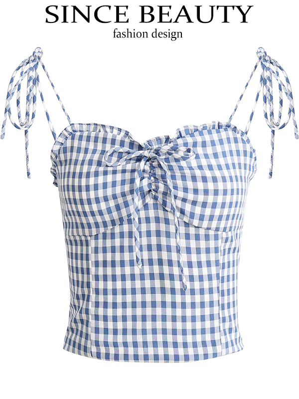 French-Style Checkered Backless Camisole with Bow - Slim Fit Women's Top for a Chic Summer Look French-Style Checkered Backless Camisole with Bow - Slim Fit Women's Top for a Chic Summer Look