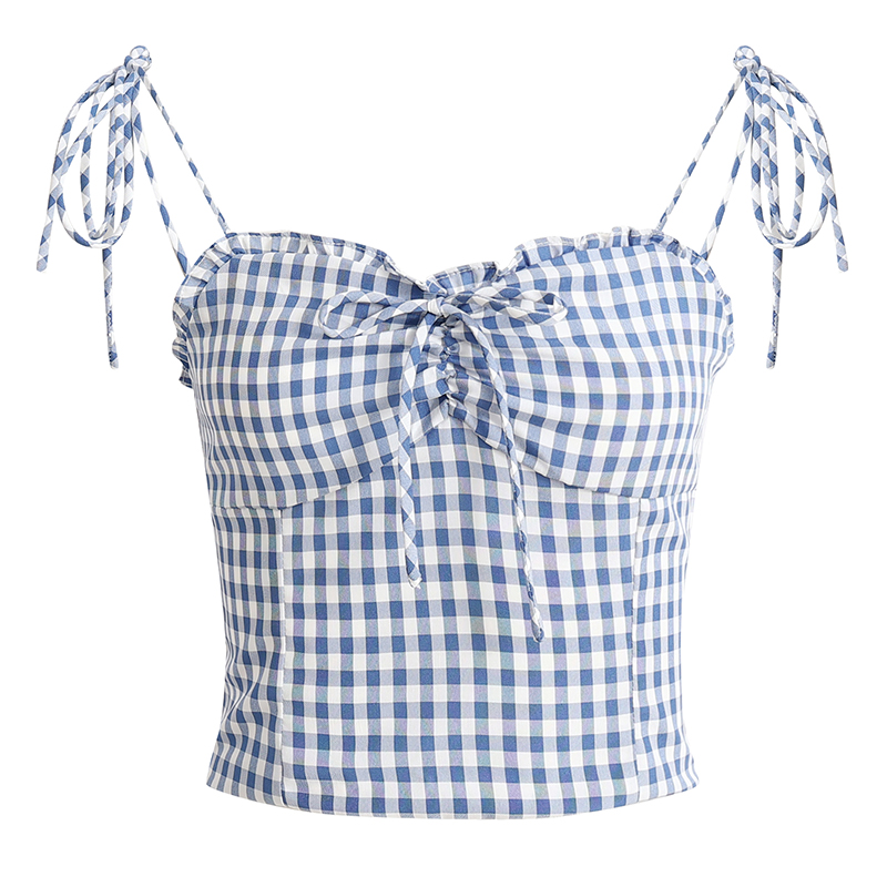 French-Style Checkered Backless Camisole with Bow - Slim Fit Women's Top for a Chic Summer Look