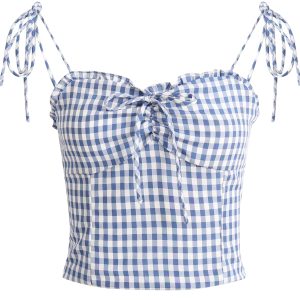 French-Style Checkered Backless Camisole with Bow - Slim Fit Women's Top for a Chic Summer Look