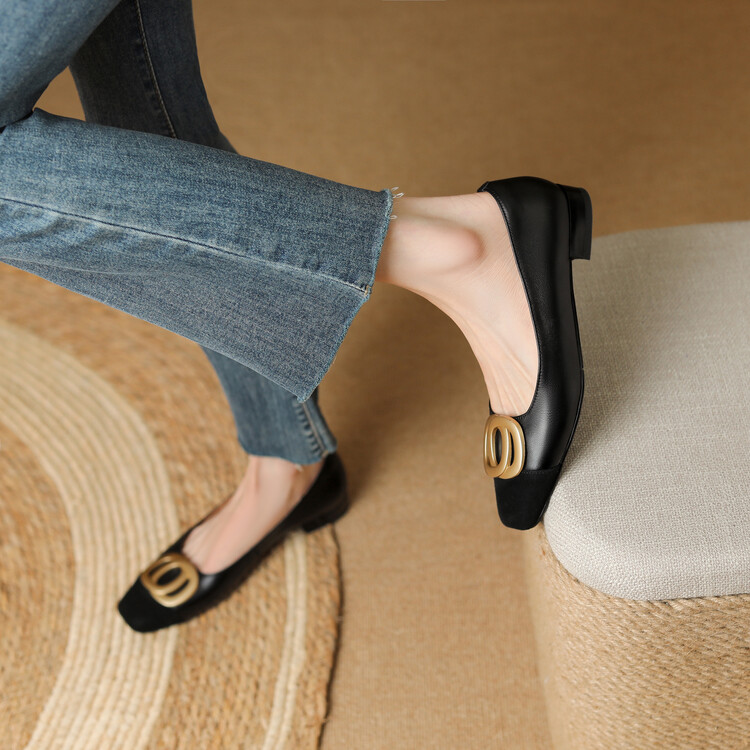 French Style Color-Blocking High Heels for Women with Metal Buckle and Square Toe, Chic Italian-Inspired Footwear