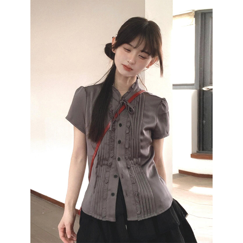 French-Style Fitted Short-Sleeve Shirt for Women - Slimming Summer College Top, High-Quality Casual Fashion