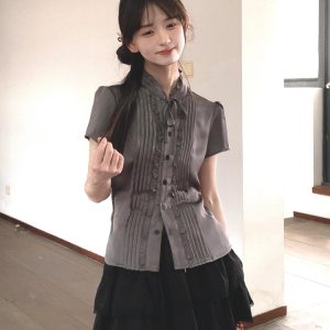 French-Style Fitted Short-Sleeve Shirt for Women - Slimming Summer College Top, High-Quality Casual Fashion
