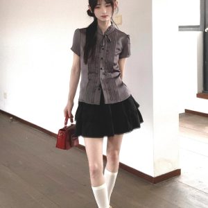 French-Style Fitted Short-Sleeve Shirt for Women - Slimming Summer College Top, High-Quality Casual Fashion